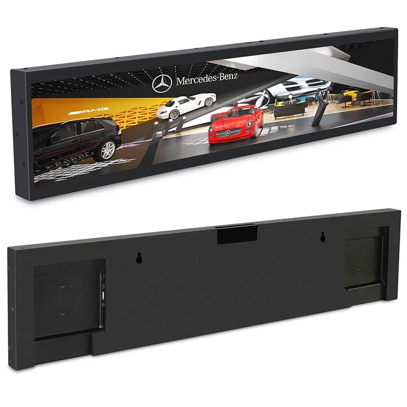 Bar-type stretch display, front with a car advertisement and rear view
