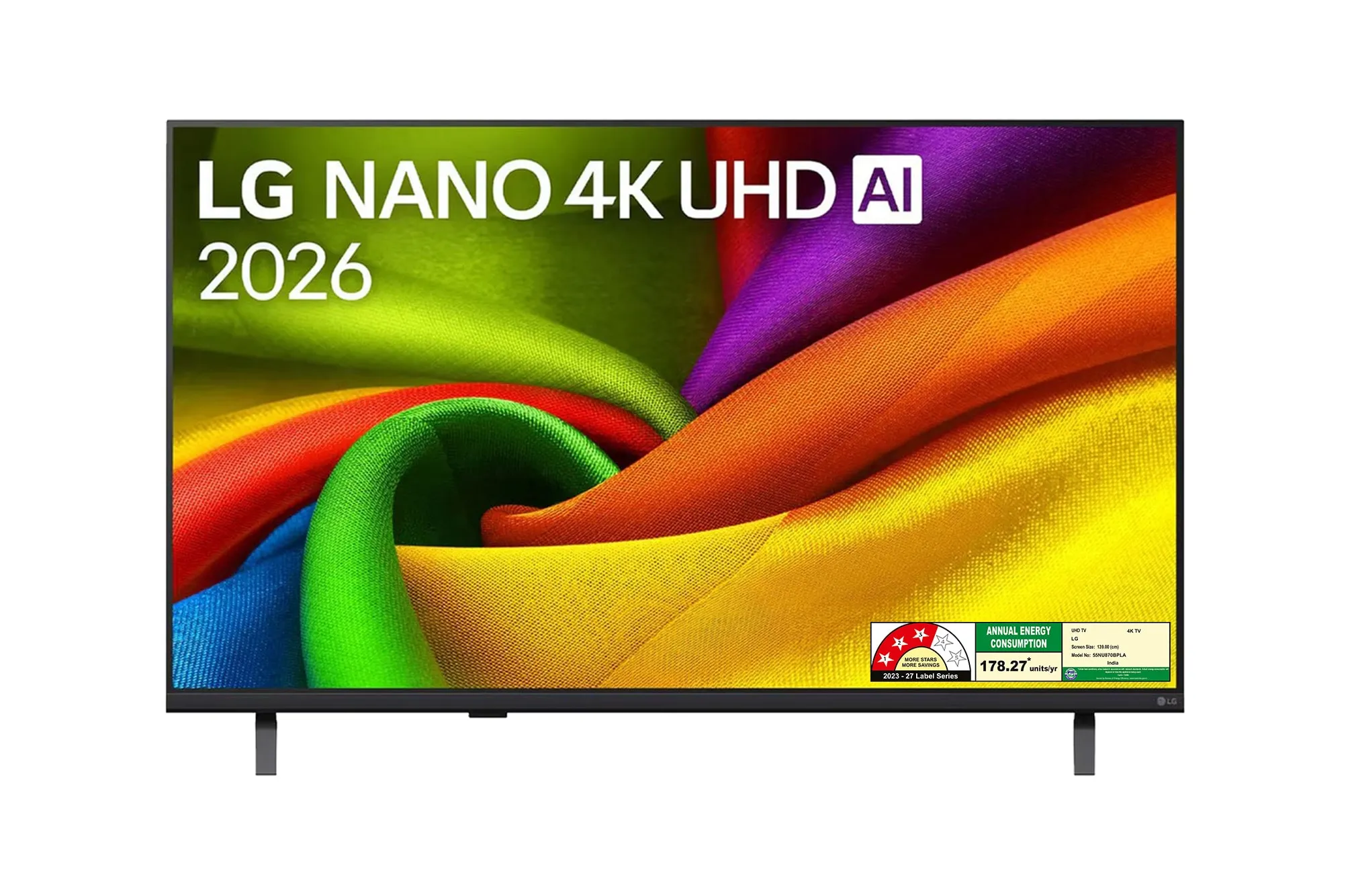 LG NANO 4K UHD AI TV 2026, 55-inch NU870, front view on flat feet