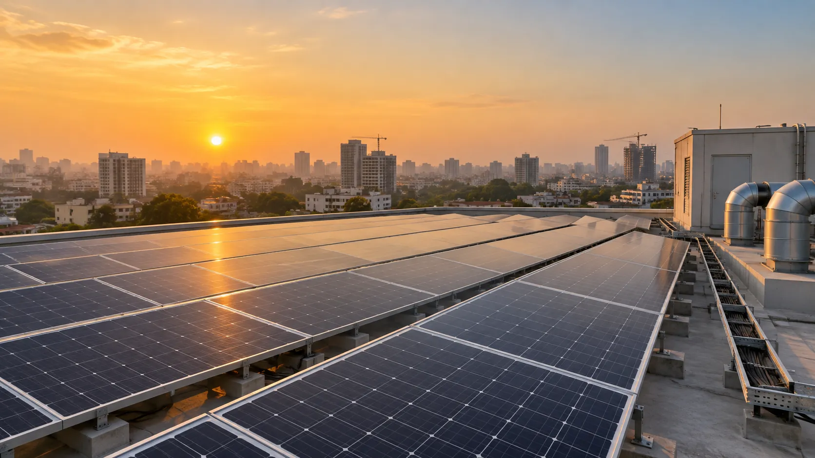 Rooftop solar array on a commercial building at golden hour with a city skyline behind